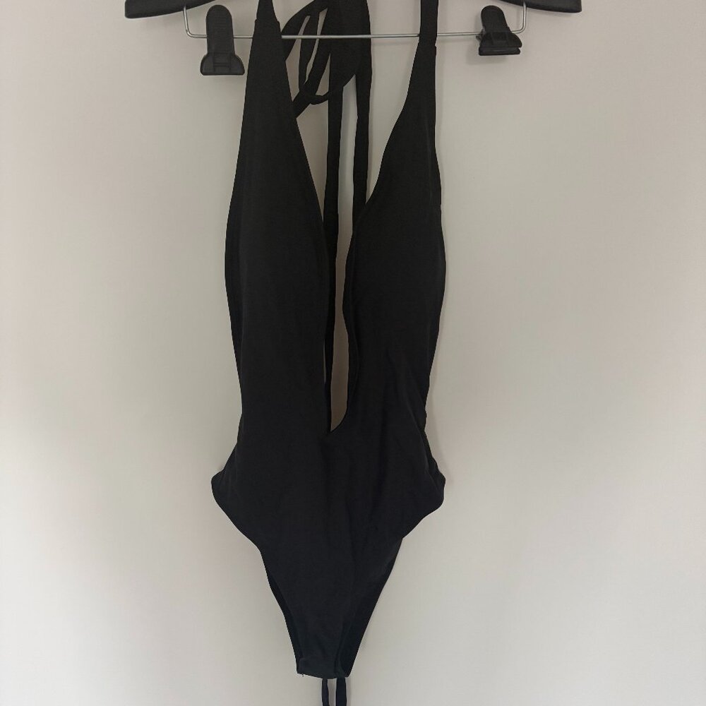 Black V-Neck One-Piece Swimsuit